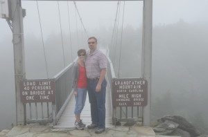 Fogged in atop Grandfather Mountain. Yes, we walked across the swinging bridge.
