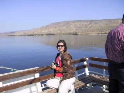 Cindy on the boat on the Sea of Galilee