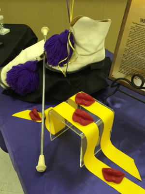 A fun display of memorabilia. The drill team boots, a baton, and the wax lips that the girlie groups had to wear if they didn't hold their smiles during practice and performance!!